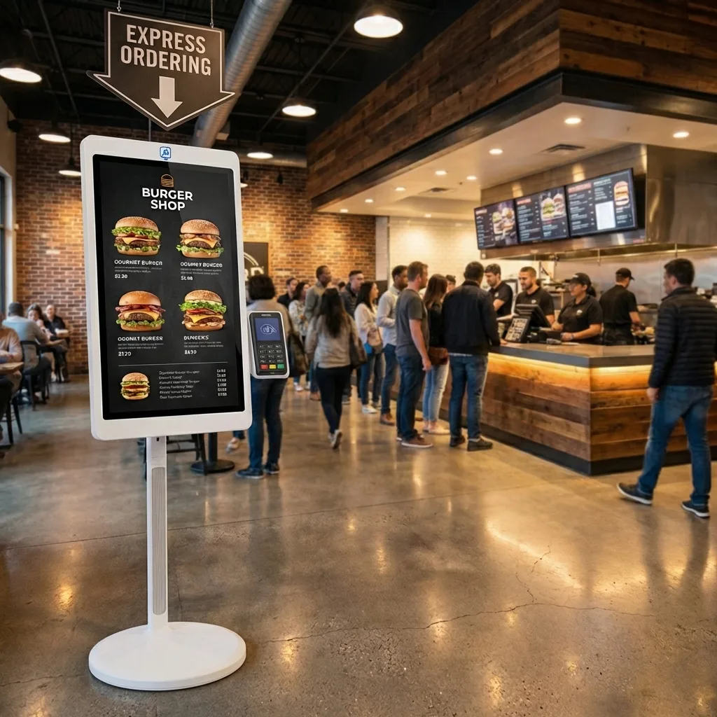 Modern restaurant interior with Auto Dine self-service kiosk improving operational efficiency